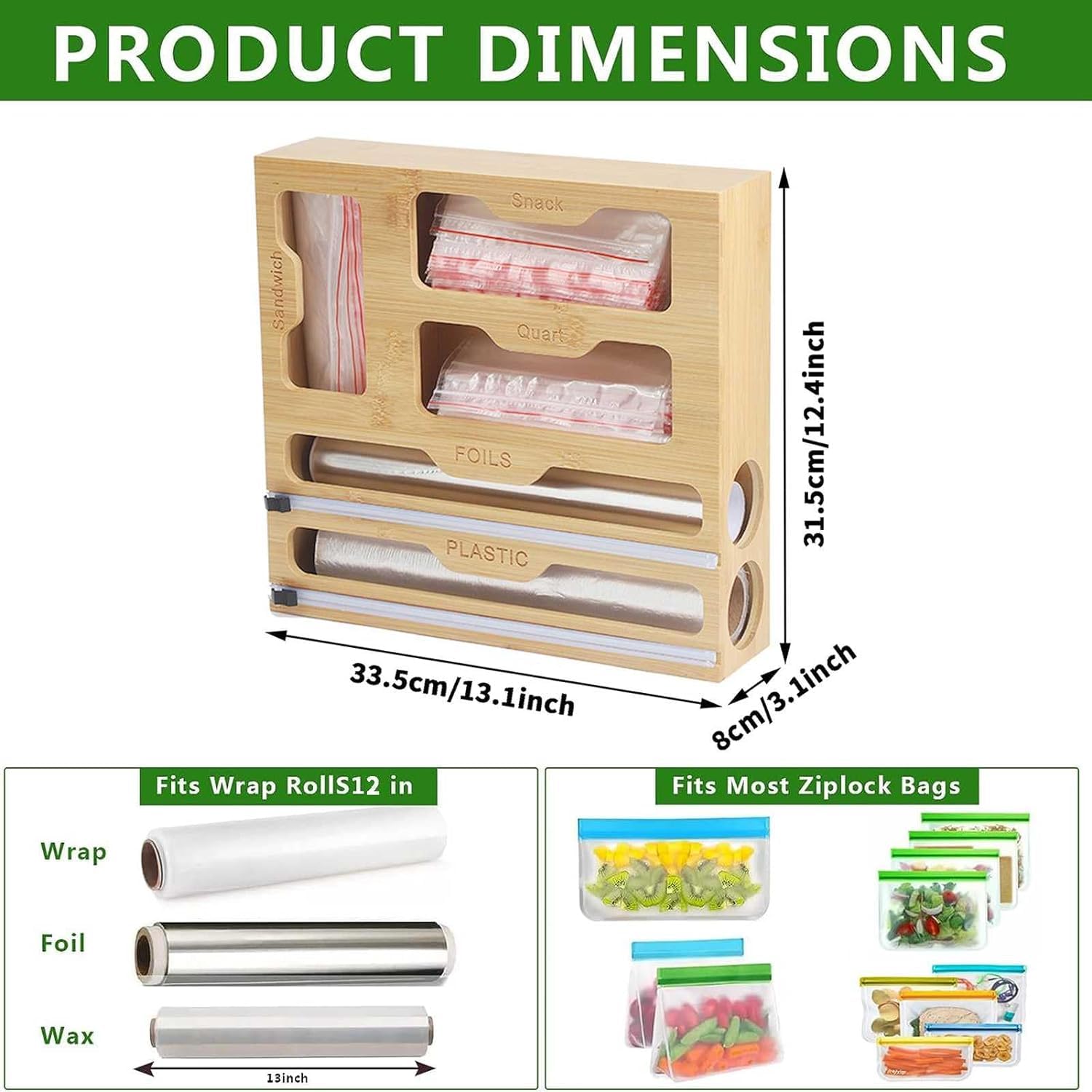 Dispensador de envoltura de plástico con cortador, 5 en 1, incluye 4 bolsas de almacenamiento, 2 dispensadores con cortador, se adapta a rollos de bocadillos de sándwich de un galón de galón de 12 pul