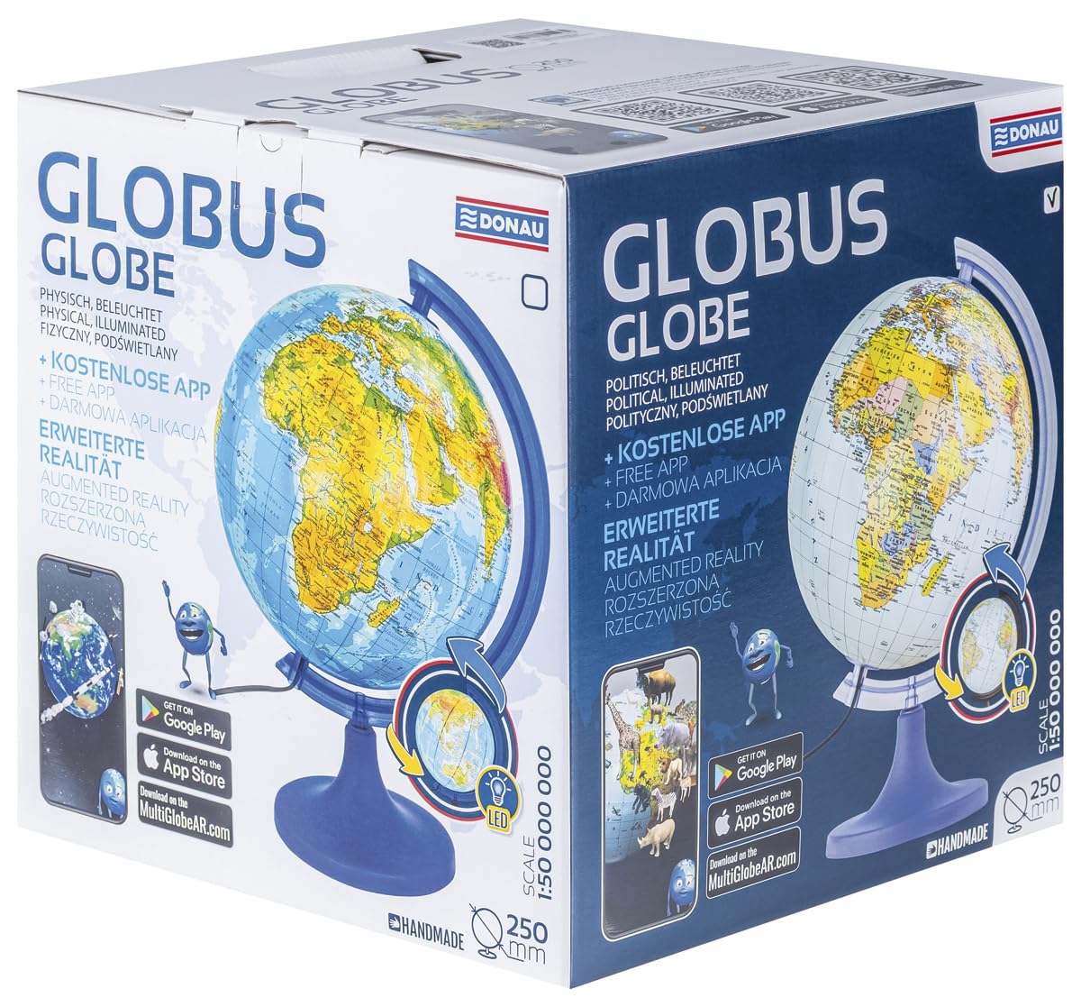DONAU Globe terrestre/Diamètre 250 mm/Carte politique/Lumineux/Lampe LED/Pivotant/Décoration éducative/Application interactive Multiglobear/Pour l'école, la maison et Le bureau