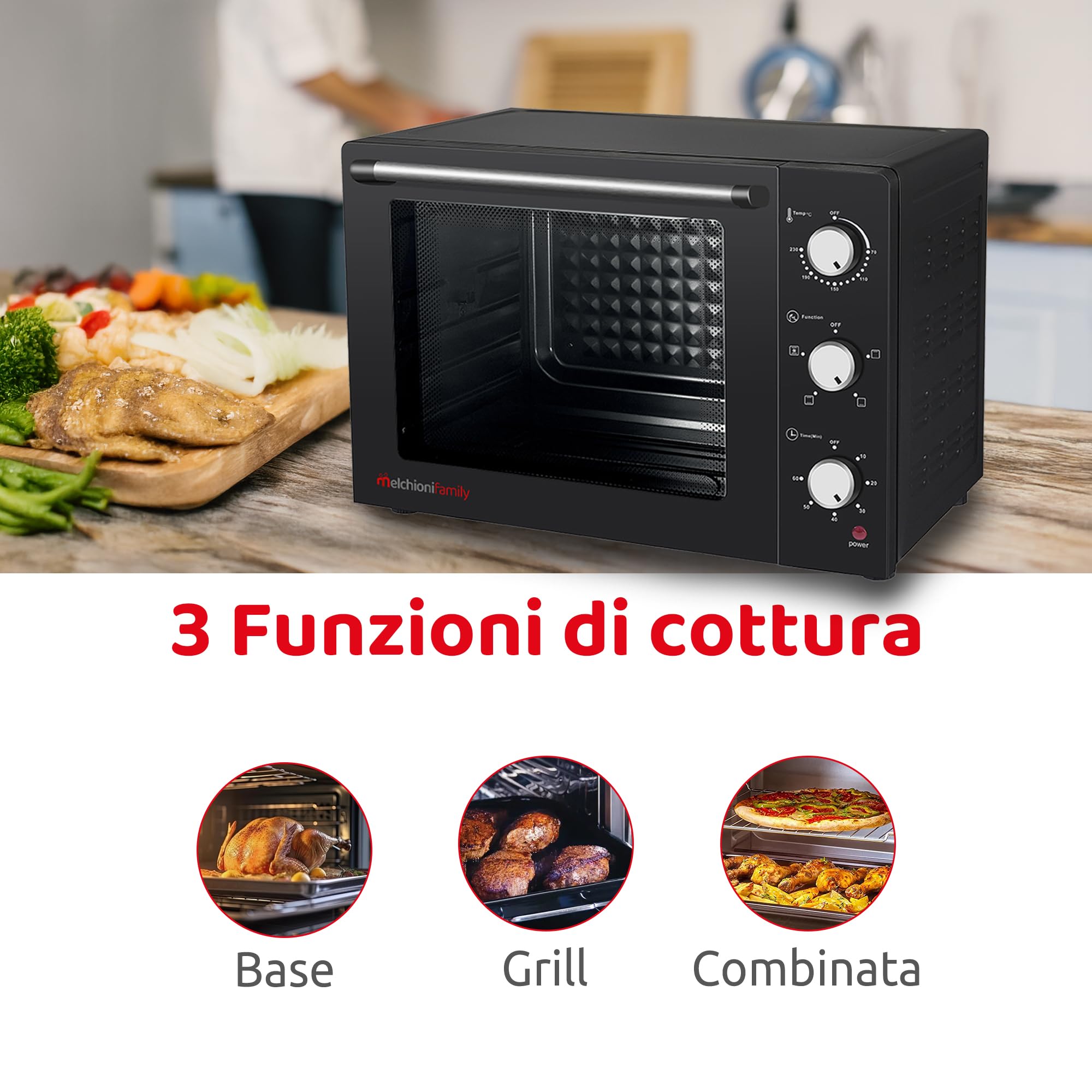 Melchioni Family | Forno Elettrico Ventilato ENJOY, Fornetto Elettrico con Girarrosto, Capacità 63 litri, Temperatura 230°, Fornetto Pizza Potenza 2200 W, Forno Pizza Professionale 58 x 44 x 40.7 cm