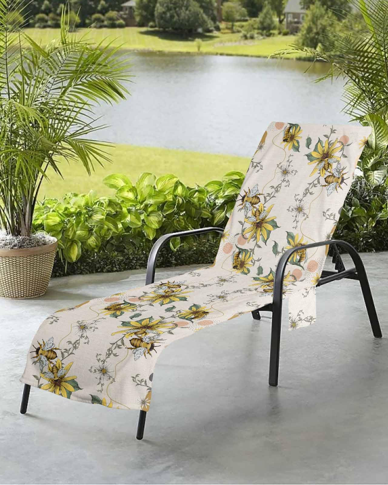 Beige Floral Bee Beach Chair Towel Covers for Chaise Lounge with Side Pocket, Soft Plush Pool Towels Cover for Patio Sunbathing Outdoor 29''x85'' Boho Bohemia Plant Middle Century Dots