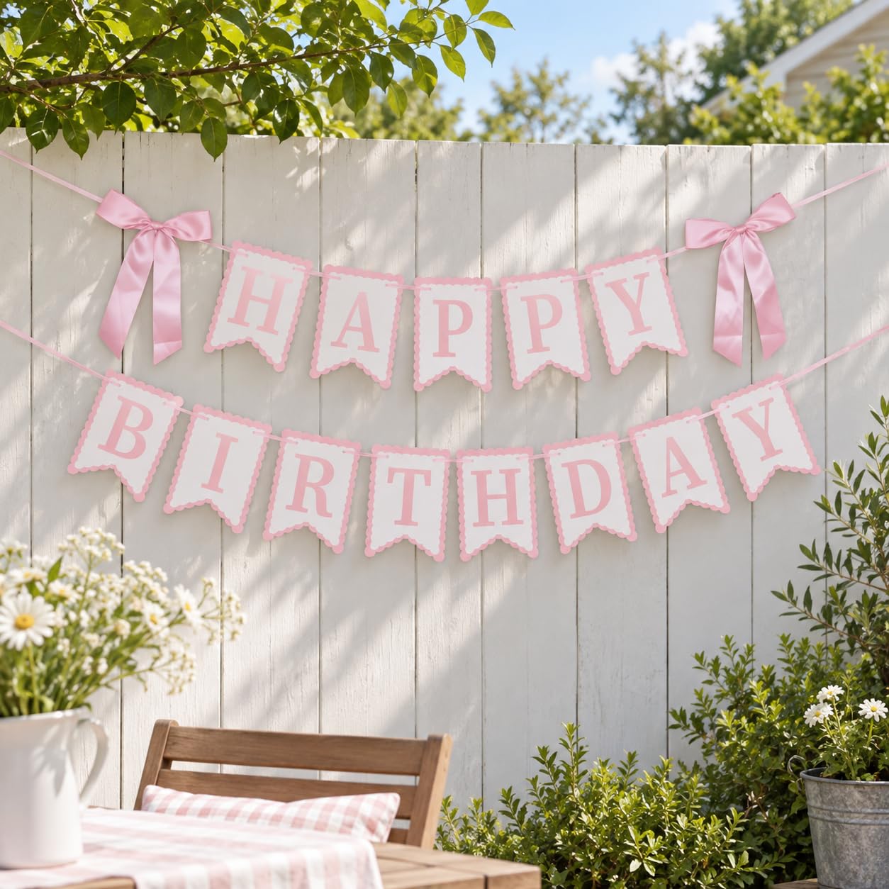 Pink Happy Birthday Banner with Satin Bows -4 Pink Happy Birthday Banner with Satin Bows -4