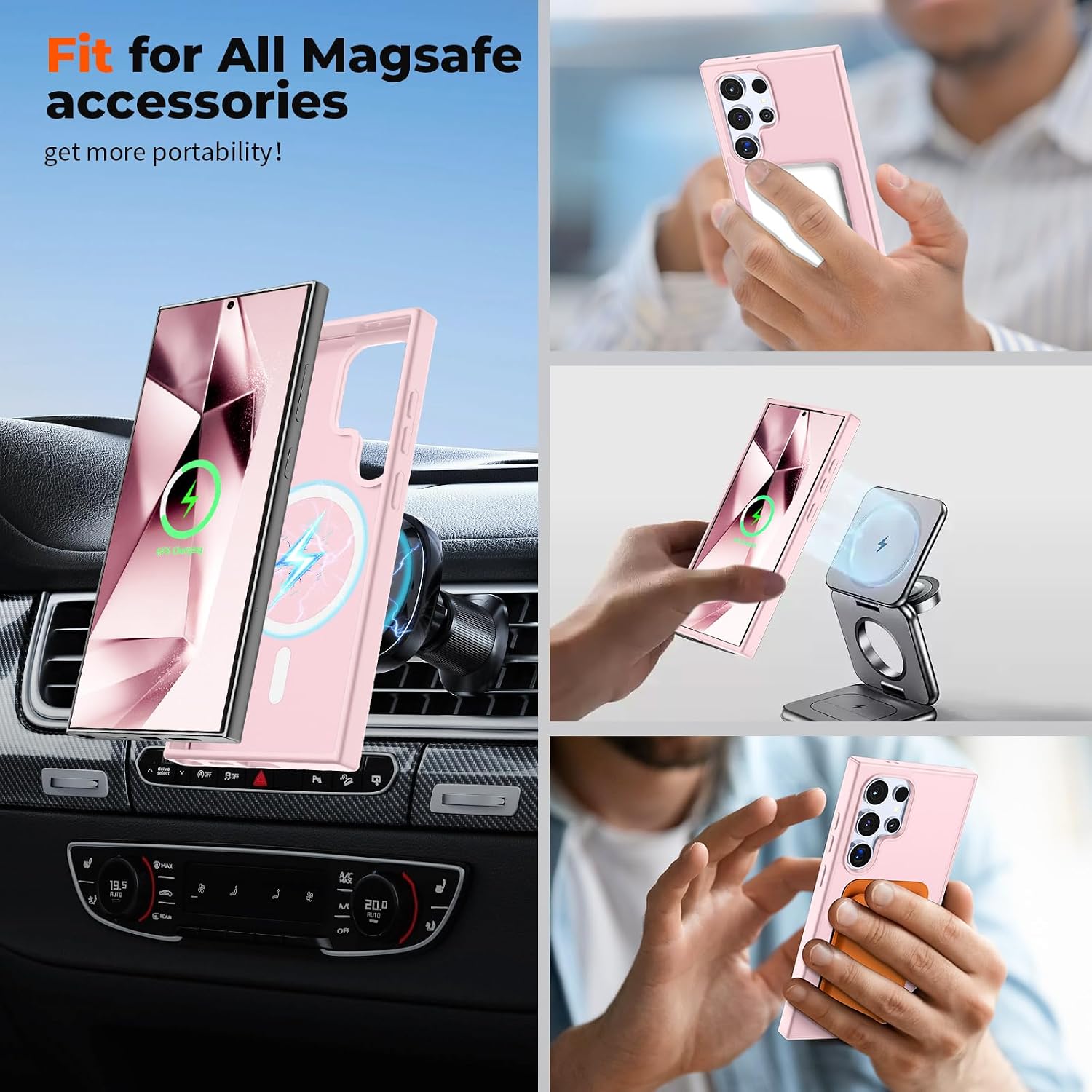 SUPFINE Magnetic for Samsung Galaxy S24 Ultra Case with Screen Protector, (Built-in Magnets) (Military Grade Drop Protection) Slim Translucent Shockproof Phone Case,Light Pink