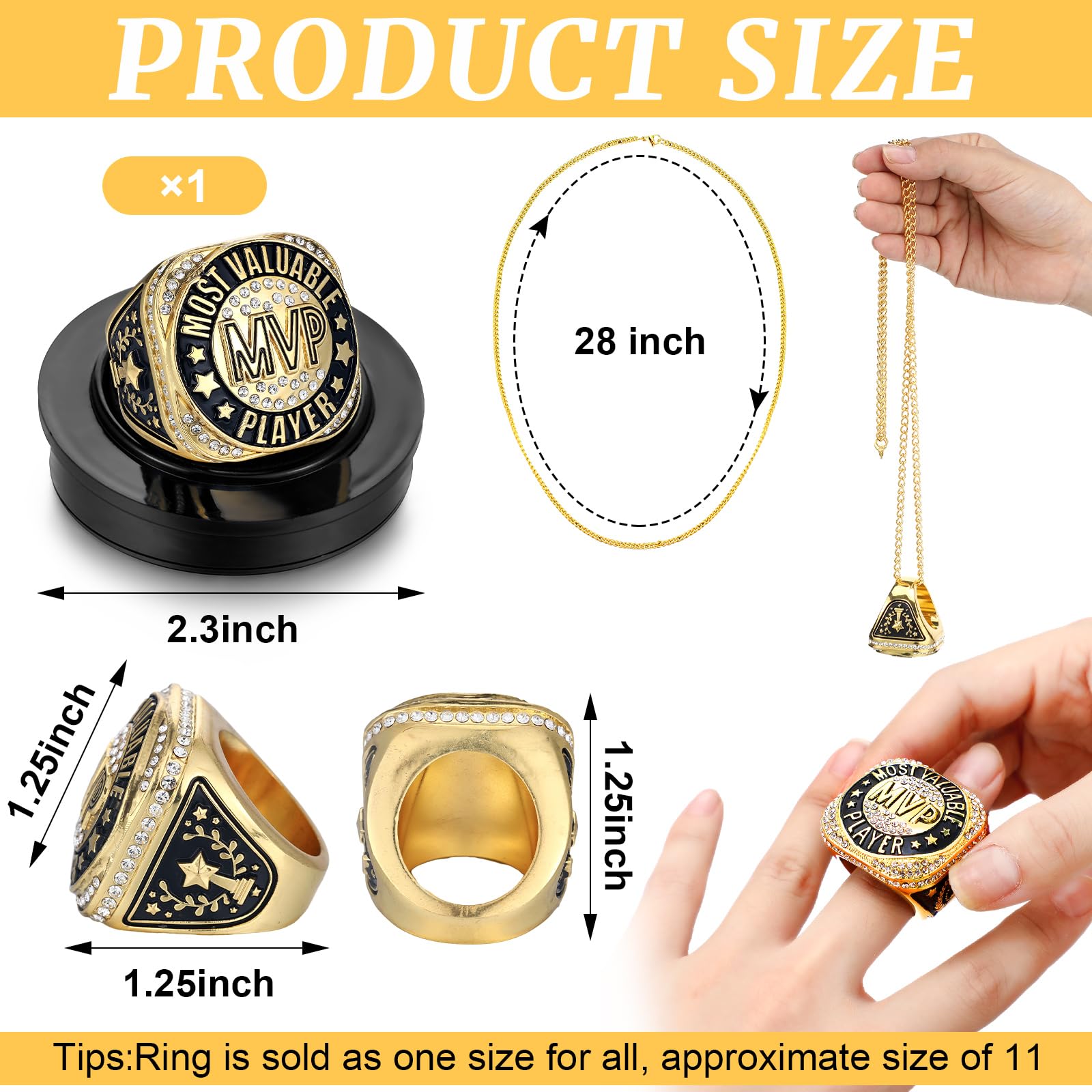 Highergo 1 PC Champion MVP Rings with Display Stand and Neck Chain Size 11 Baseball Soccer Basketball Volleyball Football Trophy Rings for Winner Tournament Award Gift(MVP)