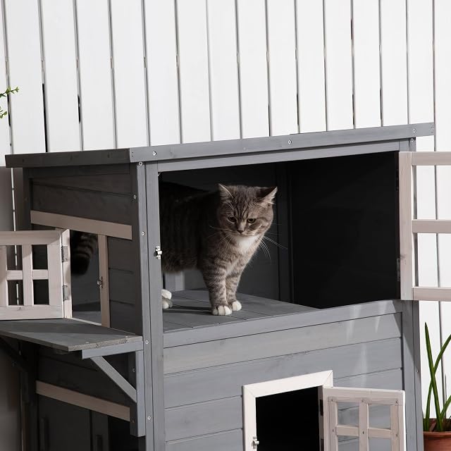 Foto 8 de 8 de PawHut Caseta para Gatos de Madera 98x68,5x122 cm Grande 5 Puertas Gris