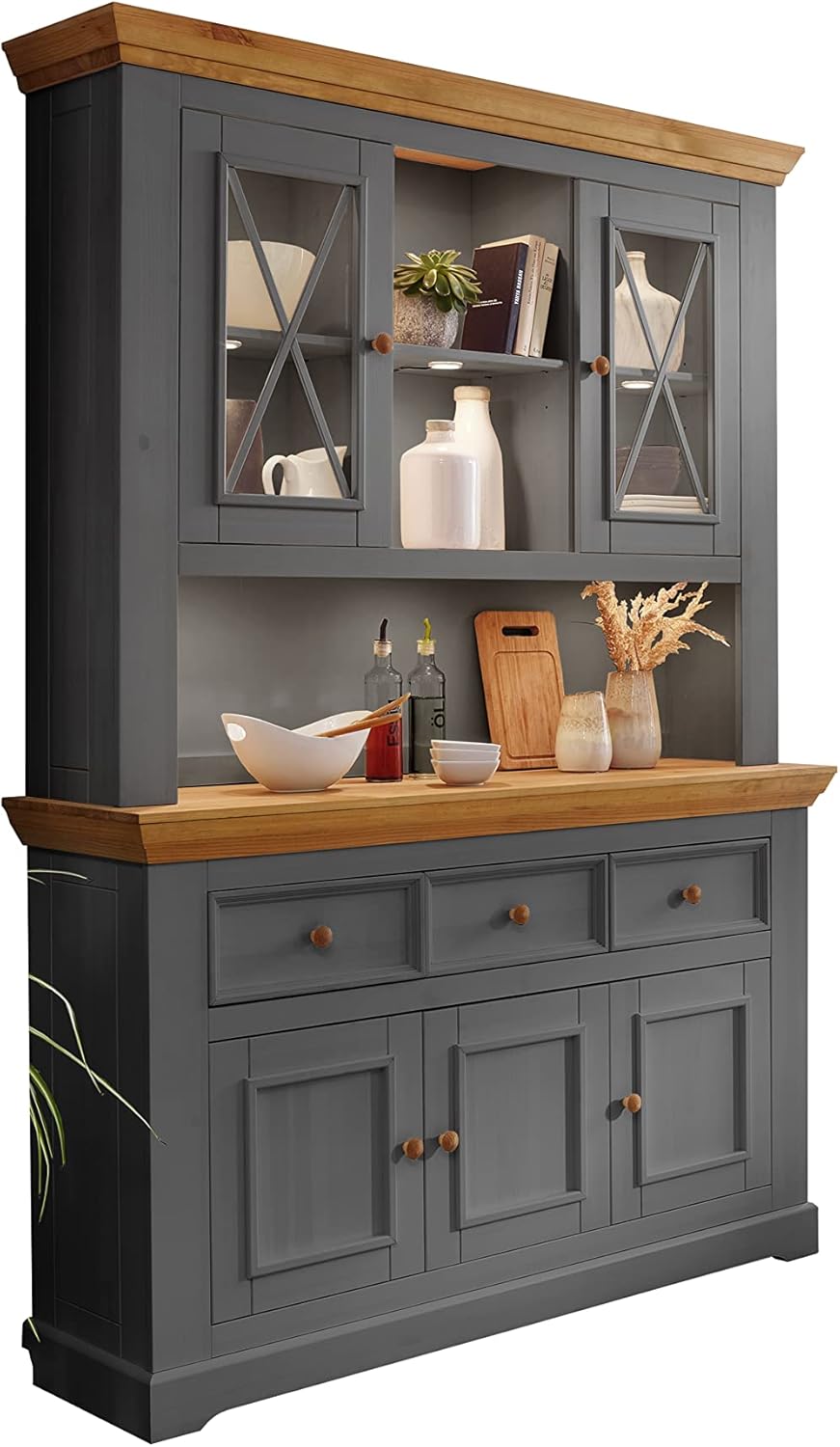 Woodroom Oslo Buffet Vitrine sur Pied Armoire de salon, Bois Pin Verre
