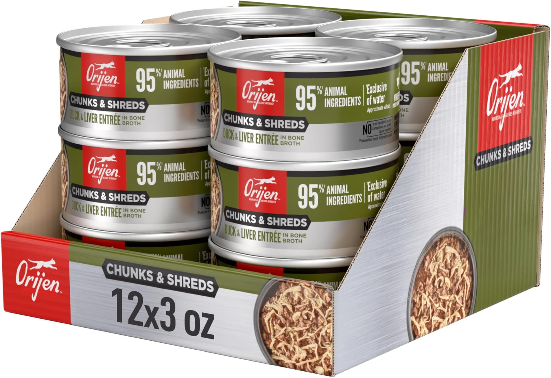 Chunks & Shreds Wet Cat Food Duck & Liver Entrée 3oz Cans (12 ct.) | Omega-3 Fatty Acids, Skin & Coat, Eye Health, No Added Grains