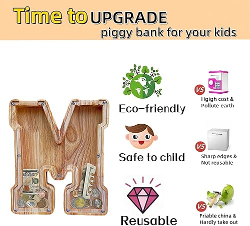 Miniatura 86 de Alcancía grande para niños y niñas, alcancía de madera personalizada con diseño recortado, bancos de monedas de letras del alfabeto, caja de ahorro