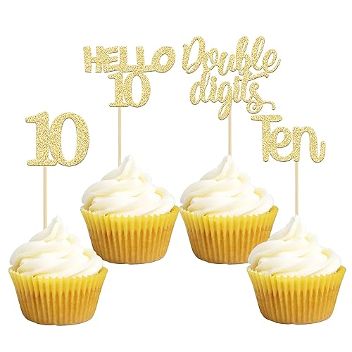 Gyufise 24 piezas de adornos dorados para cupcakes de 10.º cumpleaños con purpurina dorada de doble dígito Hello 10 Ten Cupcake Picks para fiesta de