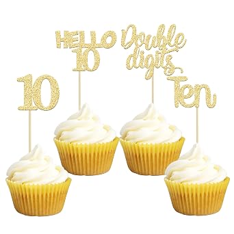Gyufise 24Pcs Gold Glitter 10th Birthday Cupcake Toppers Double Digits Cupcake Toppers Hello 10 Ten Cupcake Picks for 10th Birthday Party Cake Decorations Supplies