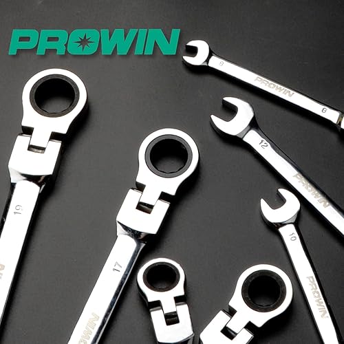 Miniatura 6 de Prowin Juego de llaves de trinquete de 7 piezas con llaves combinadas abiertas de cabeza flexible - Construcción de acero al cromo vanadio, portátil