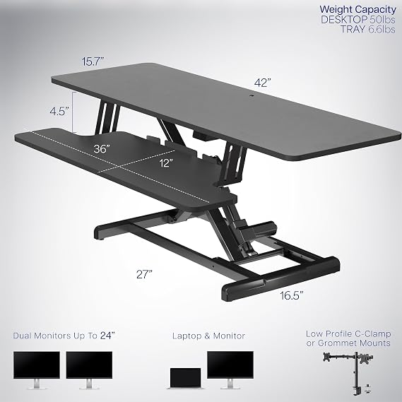 VIVO 107cm Electric Motor Desk Converter, Height Adjustable Riser, Sit to Stand Dual Monitor and Laptop Workstation with Wide Keyboard Tray, Black, DESK-VE42B