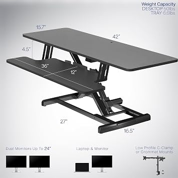 VIVO 107cm Electric Motor Desk Converter, Height Adjustable Riser, Sit to Stand Dual Monitor and Laptop Workstation with Wide Keyboard Tray, Black, DESK-VE42B