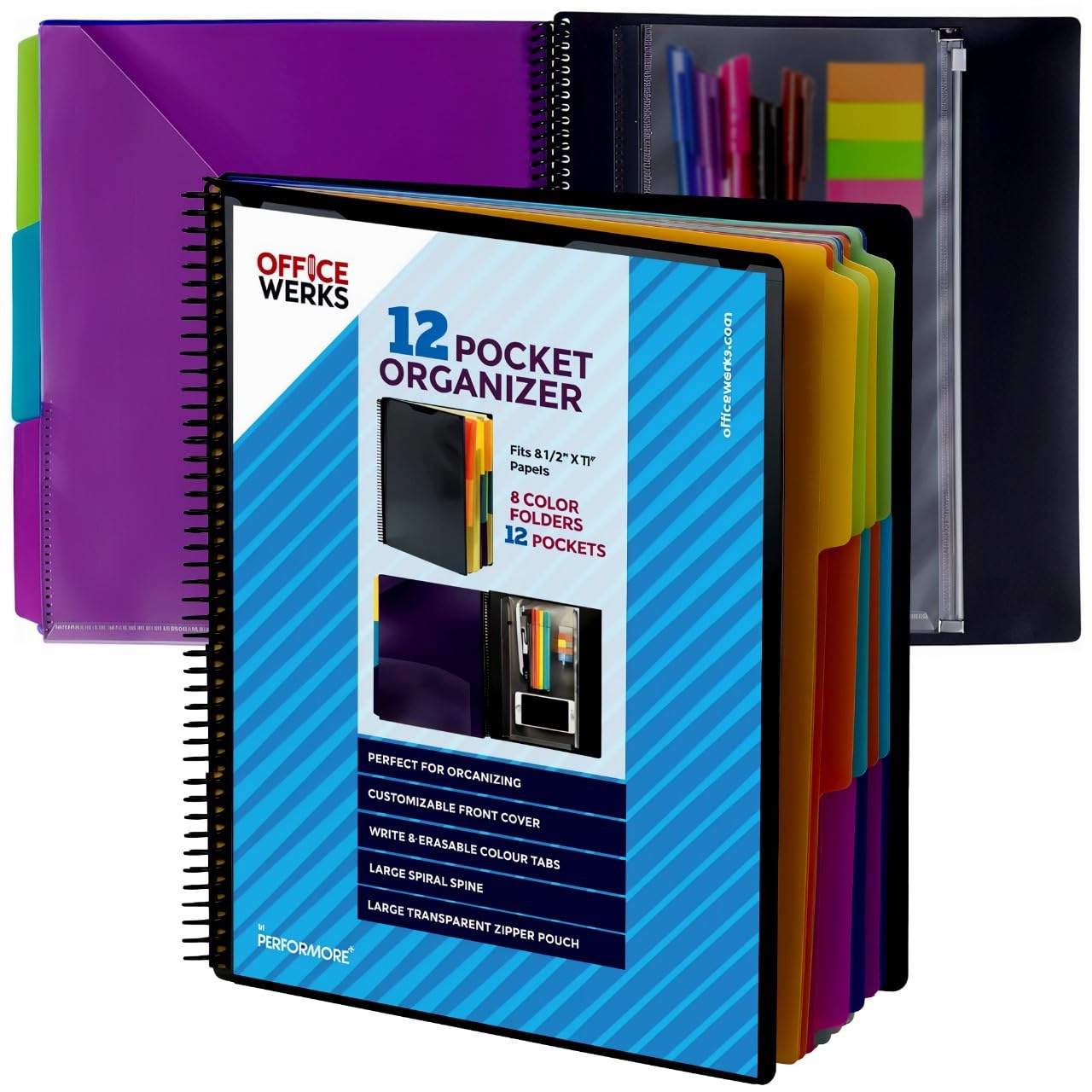 Performore - 12 Pocket Spiral Subject Organizer with 6 Dividers, Folder Organizer Spiral Binder with Front Cover Pocket and Customizable Cover, Erasable Write On Tabs for Documents Files Projects