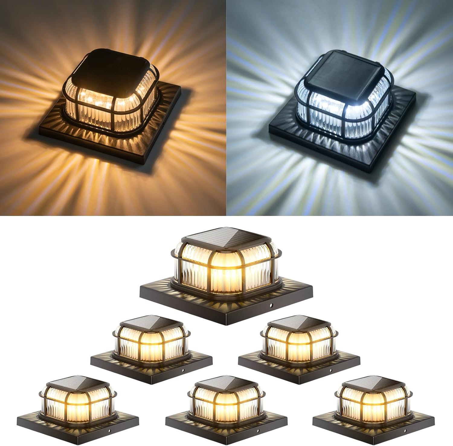 Solar Post Light 6 Packs with 4x4, 5x5 and 6x6 Inches Base for Vinyl/Wooden Posts, Bright 16 LEDs Solar Cap Lights with Two Light Modes for Decorating Deck, Patio, Porch, Fence (Black) 6 Black