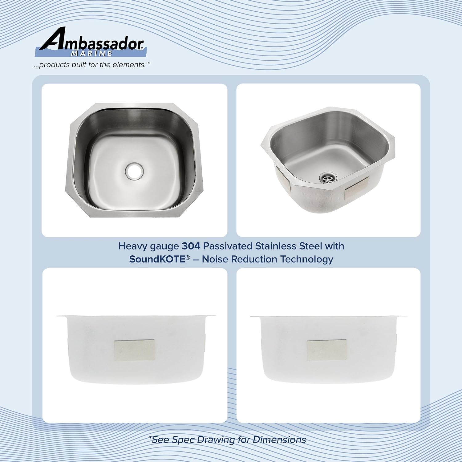 AMBASSADOR MARINE Grade Rectangle 304 Stainless Steel Sink, Boat Sink/RV Sinks, Galley Sinks, Head/Bathroom, for boat/RV/camper - Brushed, 17-1/8" x 15 1/2"Dia. x 7" Deep (S43-1718-BR-W)