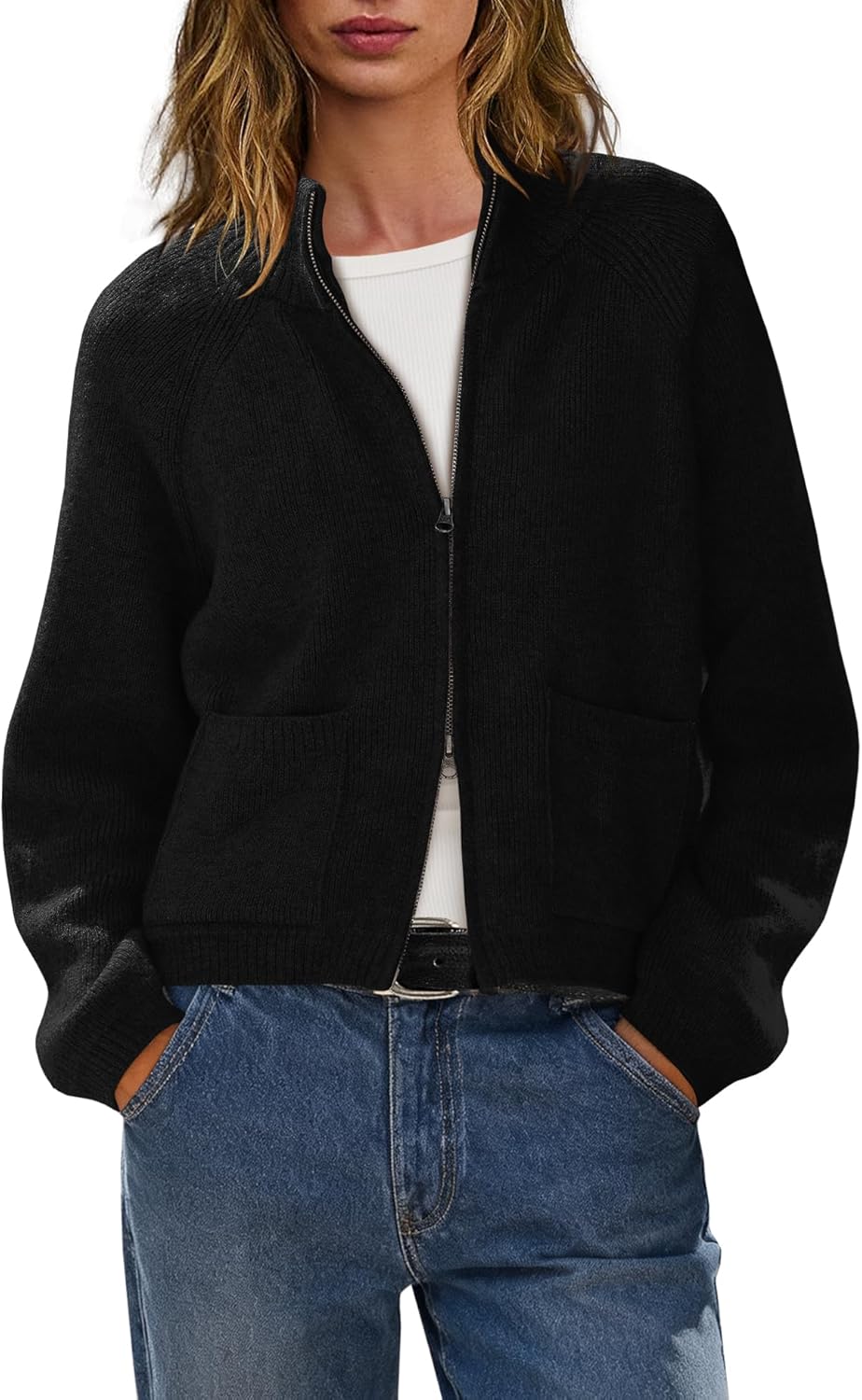 LAMISSCHE Womens Cardigan Sweaters Oversized Turtleneck Cable Knit Sweater Long Sleeve Zip up Cardigan with Pockets