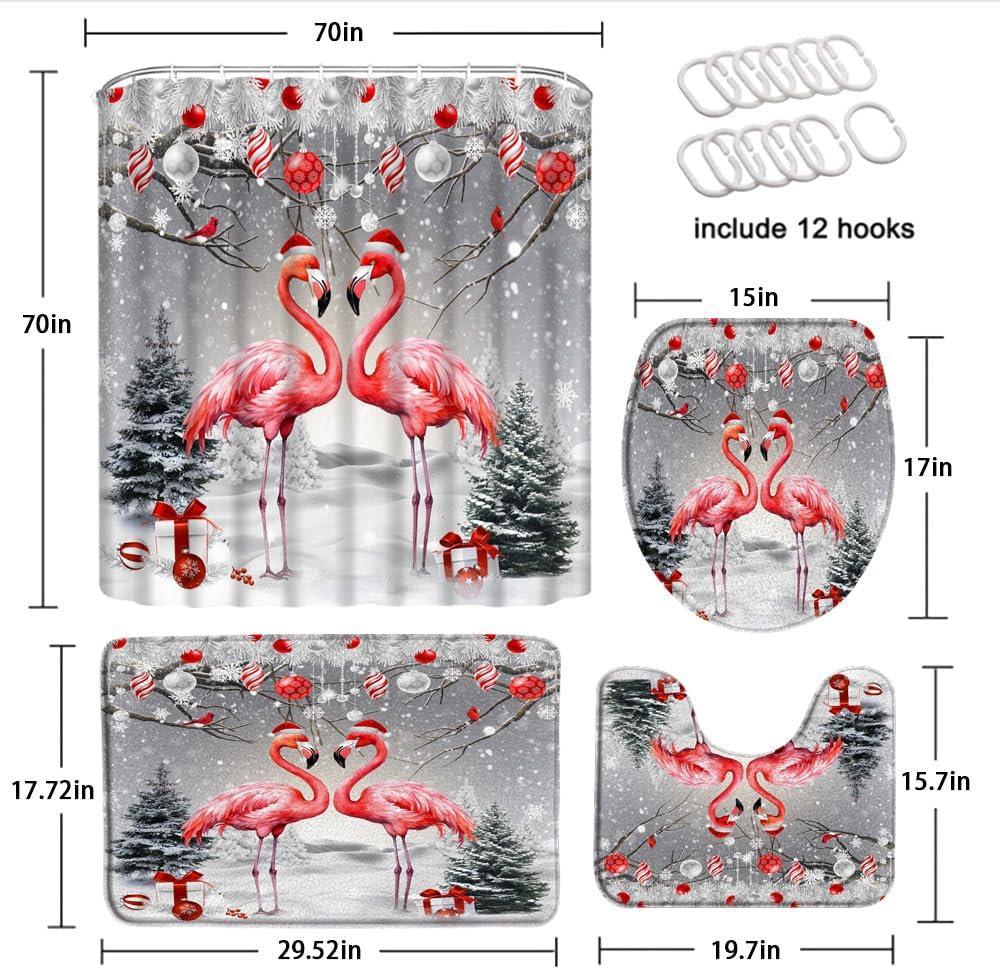 4 Piece Christmas Winter Flamingo Shower Curtain Set with Rugs, Toilet Lid Cover ,Winter Forest Snowfield Red Birds Lovers Pine Tree Xmas Balls Gift Happy New Year Bathroom Shower Curtain with Hooks