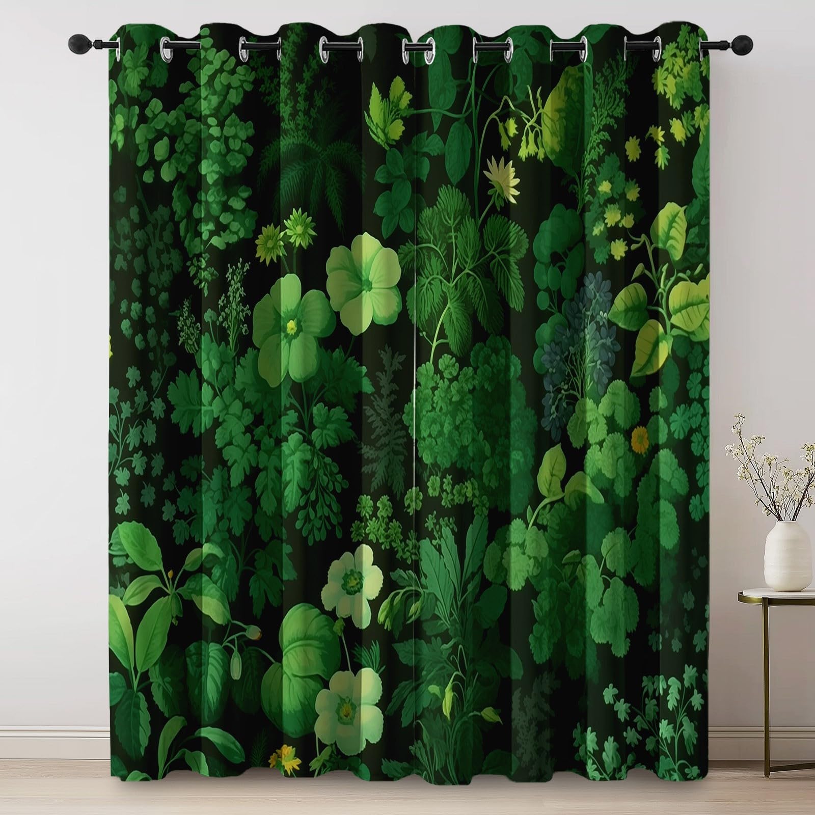 Vorhänge Dunkelgrün, Verdunkelungsvorhang 2er Set - Vorhang Blickdicht Blumenranken, Thermovorhang für Deko Wohnzimmer Schlafzimmer, Gardinen mit Ösen 214x91.5cm(HxB)