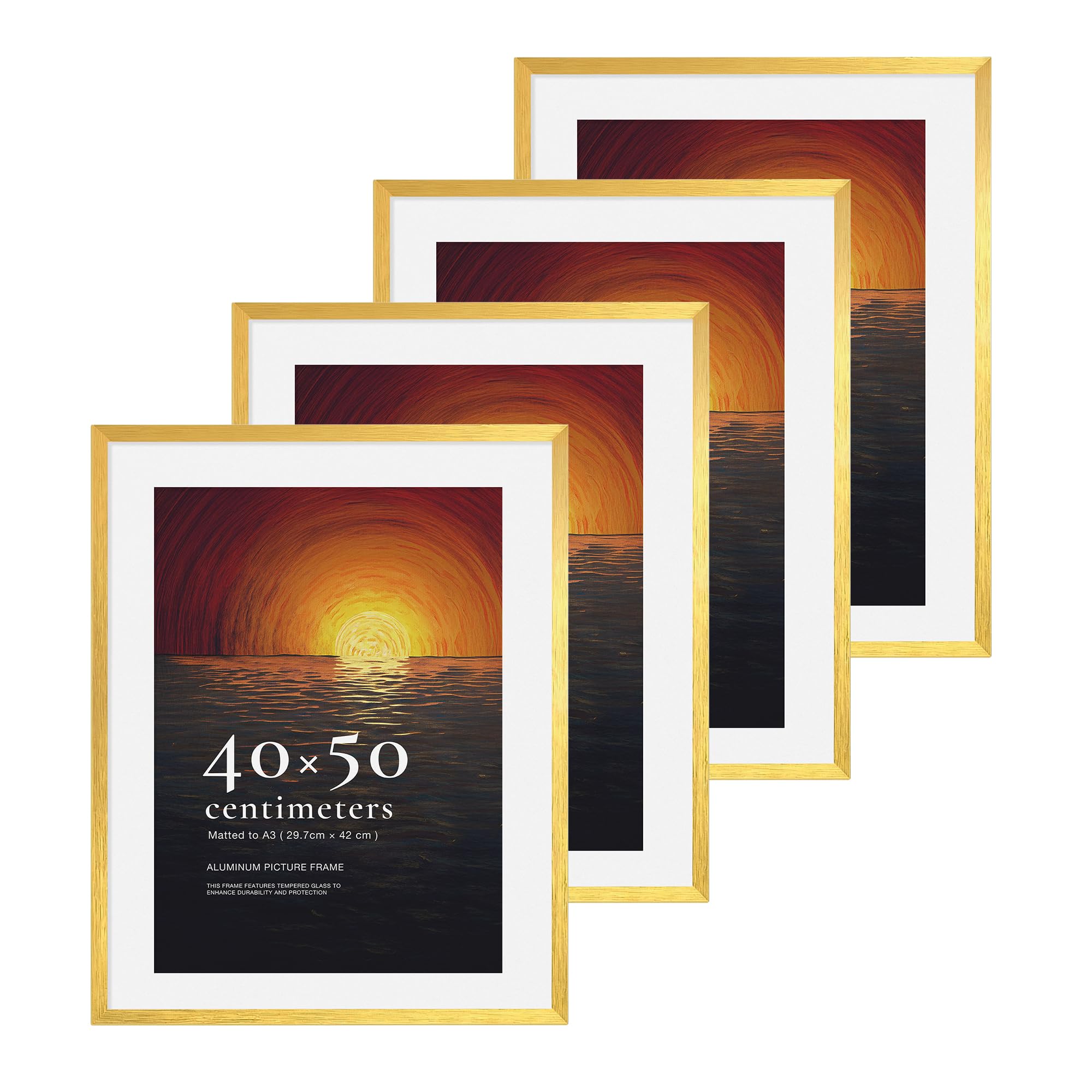 LIVINGTASTE Bilderrahmen 40x50 Aluminium Gold gebürstet mit gehärtetem Glas, 4 Stück mit Passepartout für A3 (29,7 x 42 cm), für 40x50 cm, ideal für Galerie 4pk