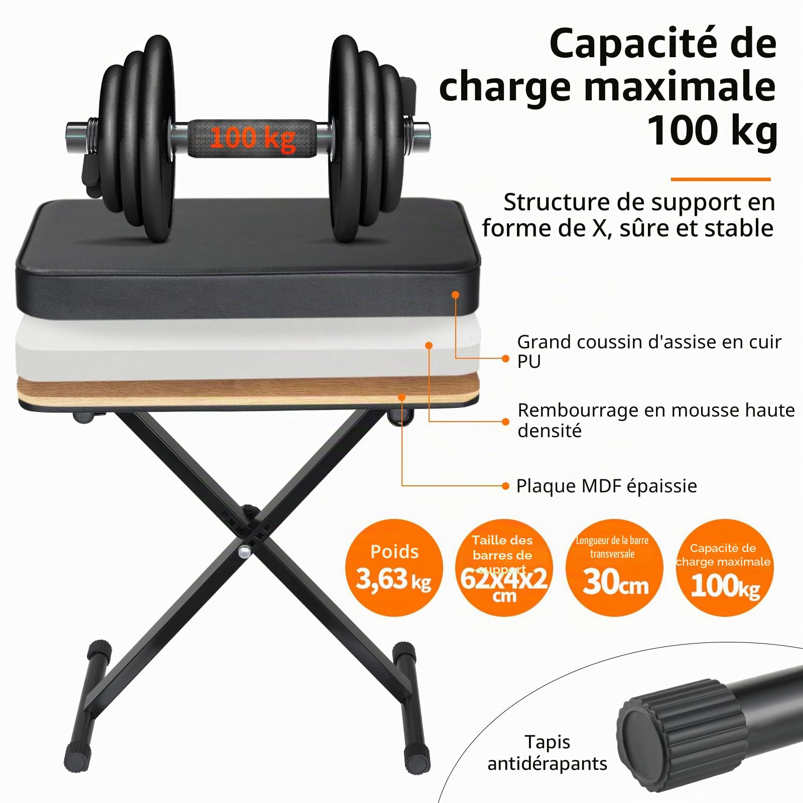 Tabouret Piano Reglable en Hauteur 50-52-54-56CM, Banc Piano avec Coussin en PU de 8CM, Banquette Piano Pliable, Siege Piano en Forme de X, Chaise Piano Tabouret de Piano Capacité Portante 100KG, Noir