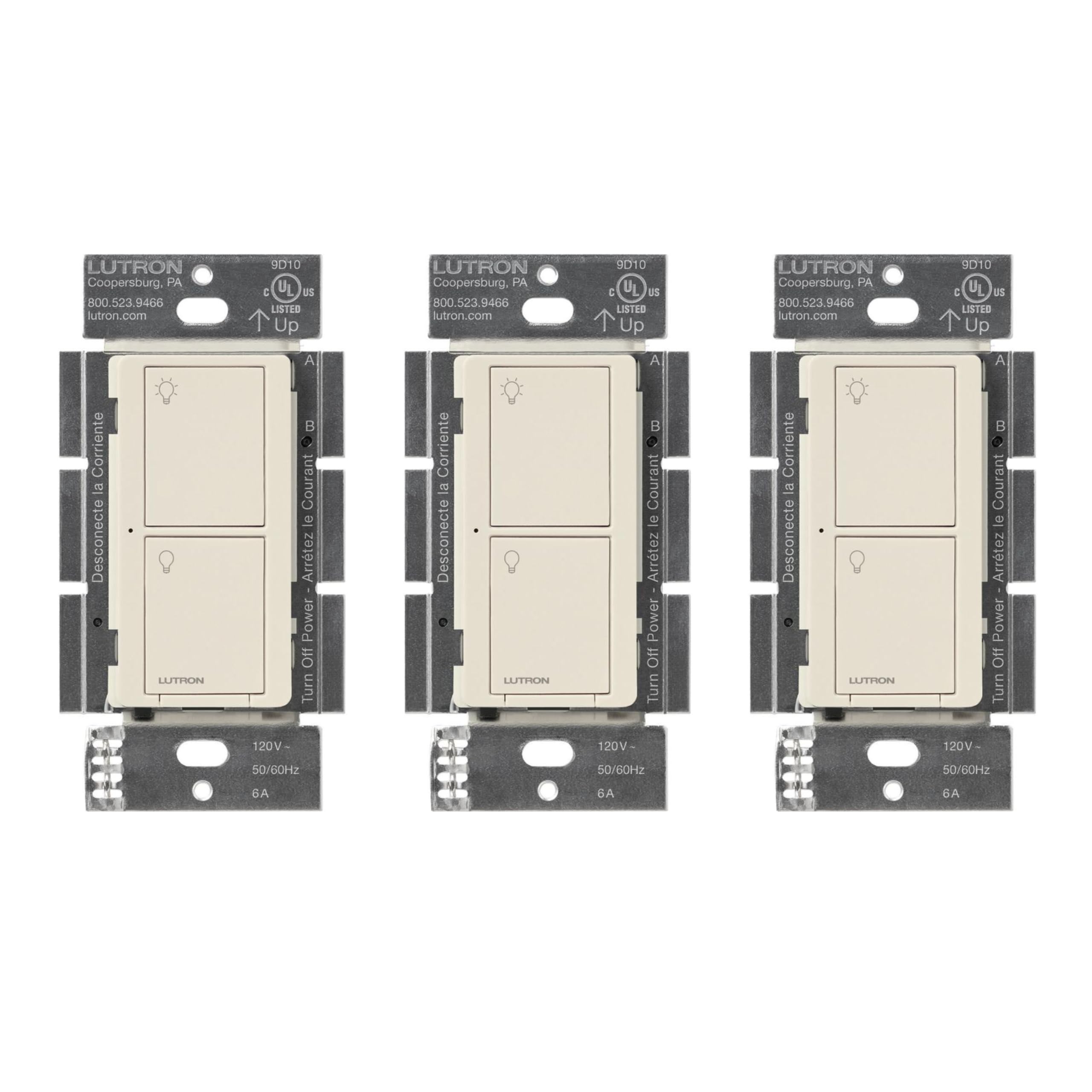 Lutron Caseta Original Smart Light Switch (Lutron Smart Hub Required), for Home, LED Lights, and Fans, 6 Amp, Single-Pole/3-Way, Neutral Required, PD-6ANS-LA, Almond, 3 Pack Light Almond 3 Pack Smart Switch