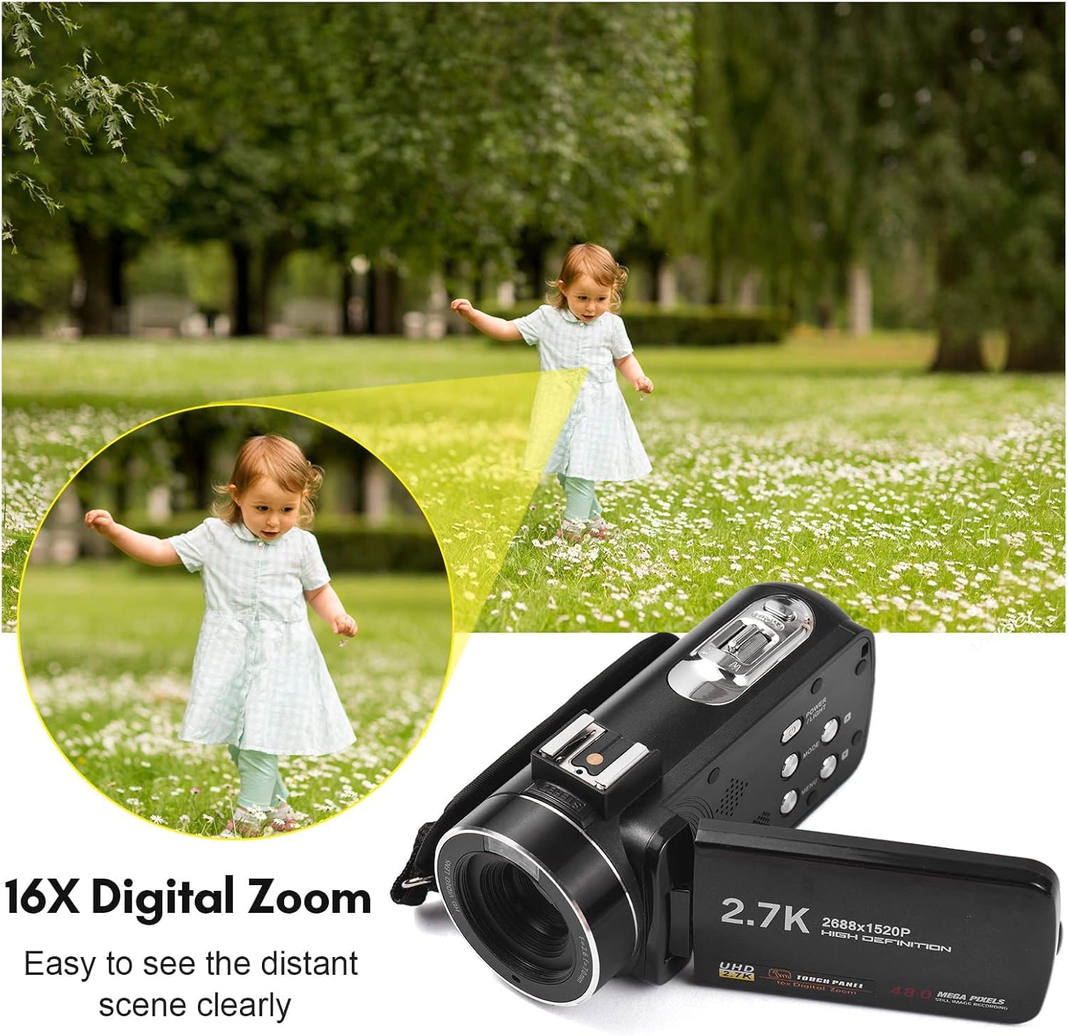 Andoer Caméra vidéo numérique 2.7 K,Enregistreur DV,48 MP,Zoom numérique 16x,Écran tactile IPS de 7.6 cm,Télécommande,Mini trépied,Microphone externe,Objectif macro grand angle 0.45 x