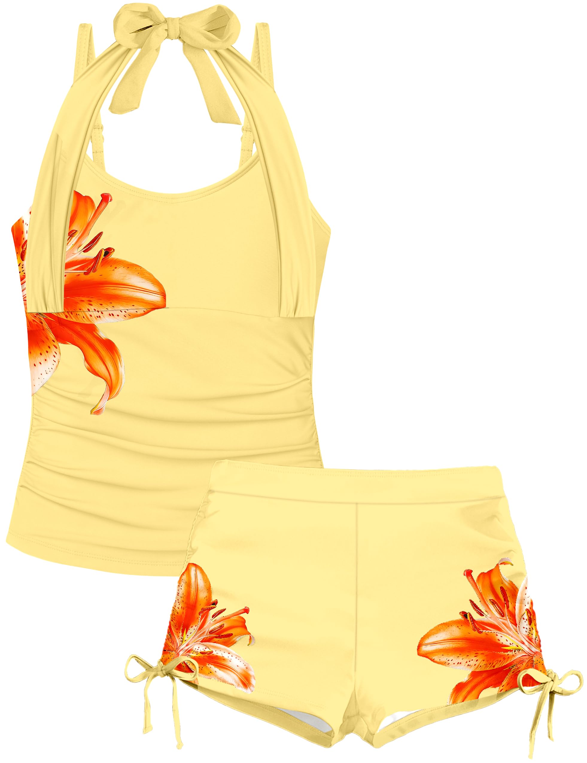 Girls Swimsuit 2 Piece Halterneck Girls Tankini Swimsuit Drawstring Printed Swim Shorts Girl Bathing Suit for 7-18T