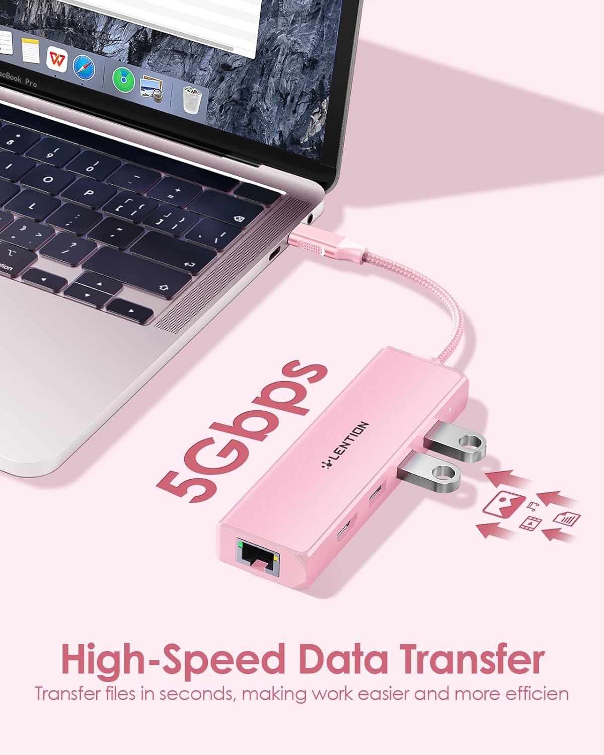 LENTION USB C Hub with a Gigabit Ethernet Port, 4K HDMI Display, 3 USB-A USB 3.0 Ports for MacBook Pro, MacBook Air, Dell, Lenovo, HP Laptops and More, Stable Driver Certified (C25, Rose Gold)