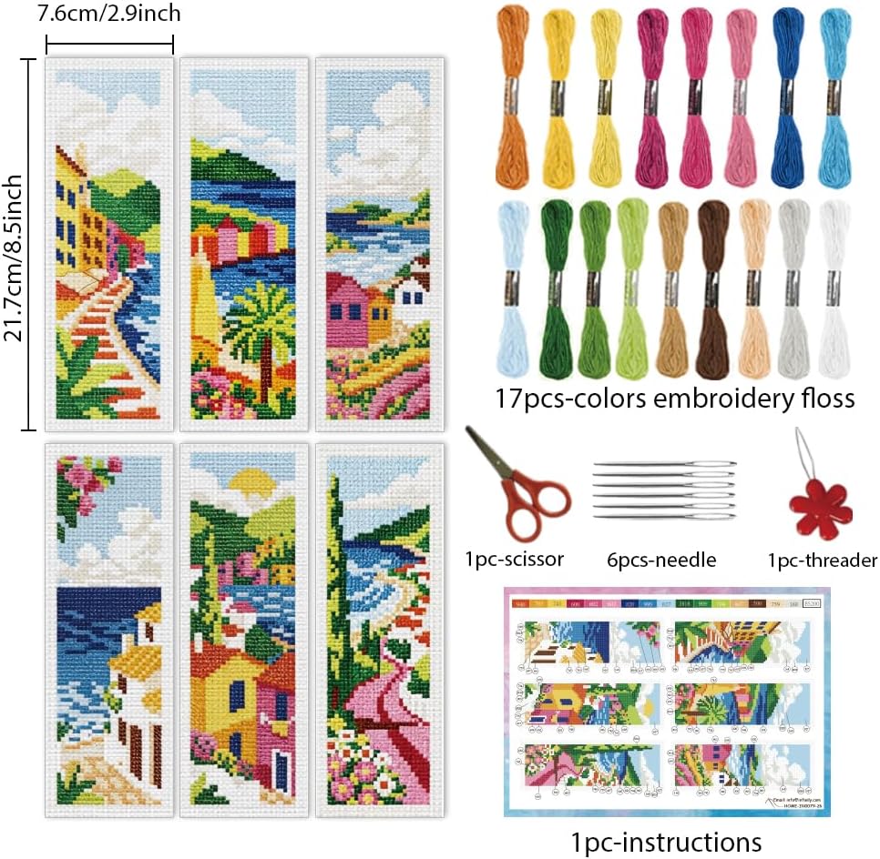 INFUNLY 6pcs Scenery Cross Stitch Bookmark Kit DIY Beach Stamped Embroidery Bookmark Kits 8.7×3.2" Mountain Needlepoint Kit with Instruction Town Easy Cross Stitch Kits for Book Lovers Readers