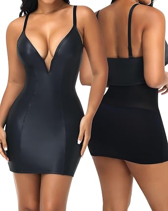 SHAPERIN Womens Deep V Neck Faux Leather Dress Built-in Shapewear Slip Tummy Control Bodycon Night Out Mini Dresses