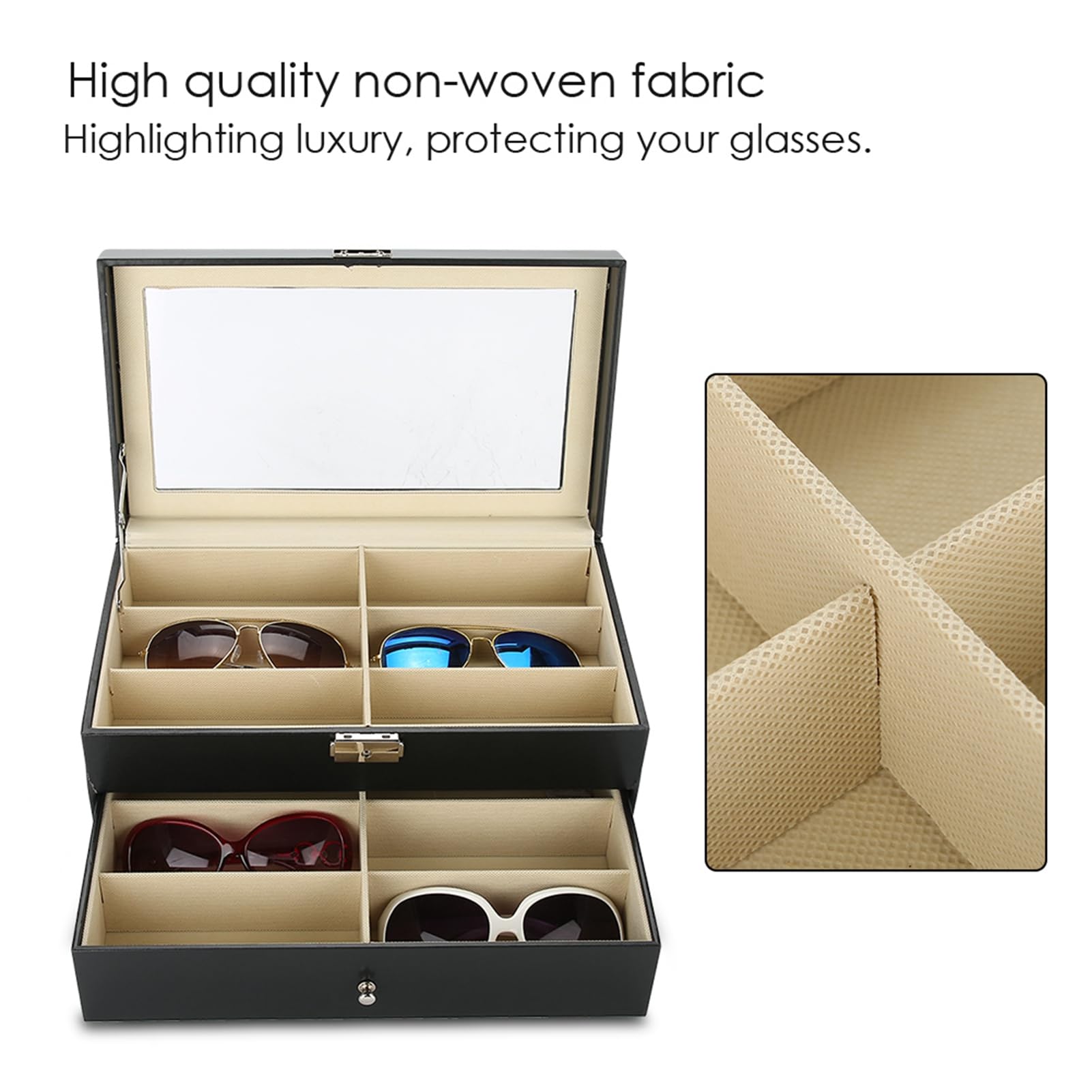 RIZGHWOY Zweilagiger Brillen-Organizer mit 12 Fächern Zum Ordnen und Präsentieren von Sonnenbrillen – Stilvolle, Tragbare Aufbewahrung in Schwarz – MDF und PU-Leder – 34 X 19 X 16 Cm