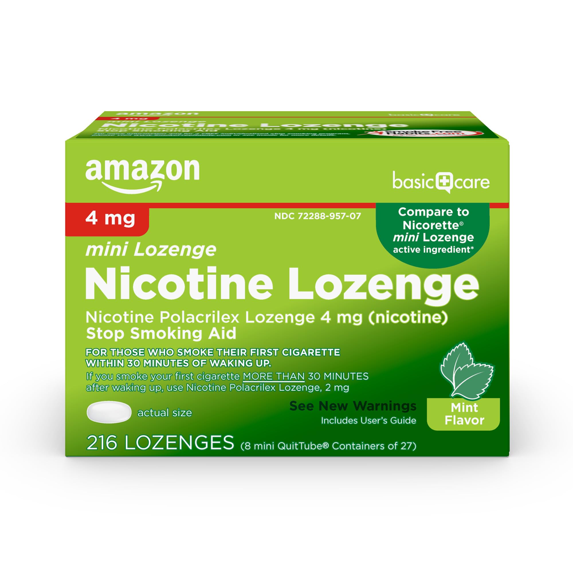 Amazon Basic Care Nicotine Polacrilex Mini Lozenge, 4 mg (Nicotine), Mint Flavor, Stop Smoking Aid, Quit Smoking, Reduces Cravings, 216 Count, 8-Pack of 27