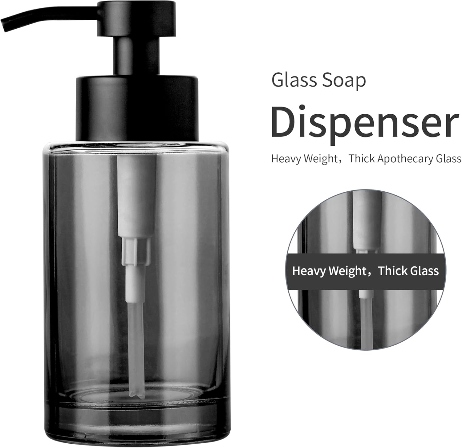 Enra Thick Glass Soap Dispenser with Stainless Steel Pump, 12oz Black Bathroom & Kitchen Hand Liquid Soap Dispenser - Image 2