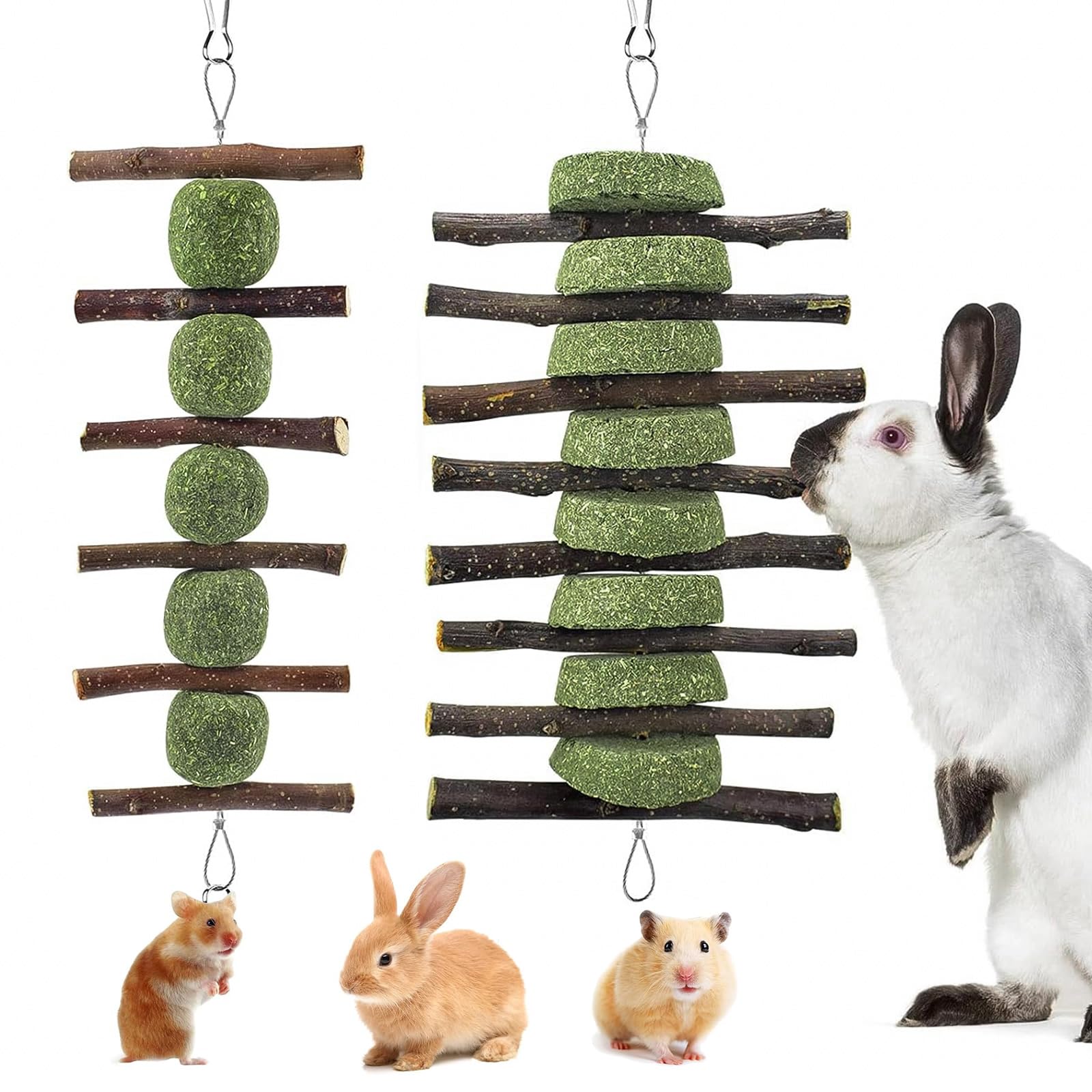 Rabbit Chew Toys Natural Guinea Pig Toys Timothy Hay Hanging Toys Guinea Pig/Hamster/Bunny Chew Toys for Teeth Grinding (2-Piece Set)