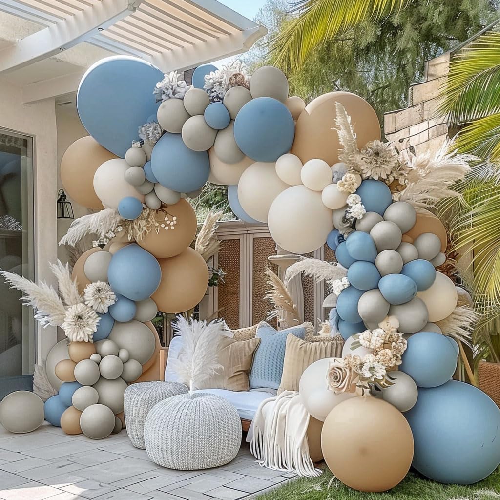Dusty Blue Brown Balloon Garland Double Stuffed Blue Tan White Sand Grey Latex Neutral Balloon Arch Kit For Teddy Bear Baby Shower Boho Birthday Gender Reveal Party Decoration