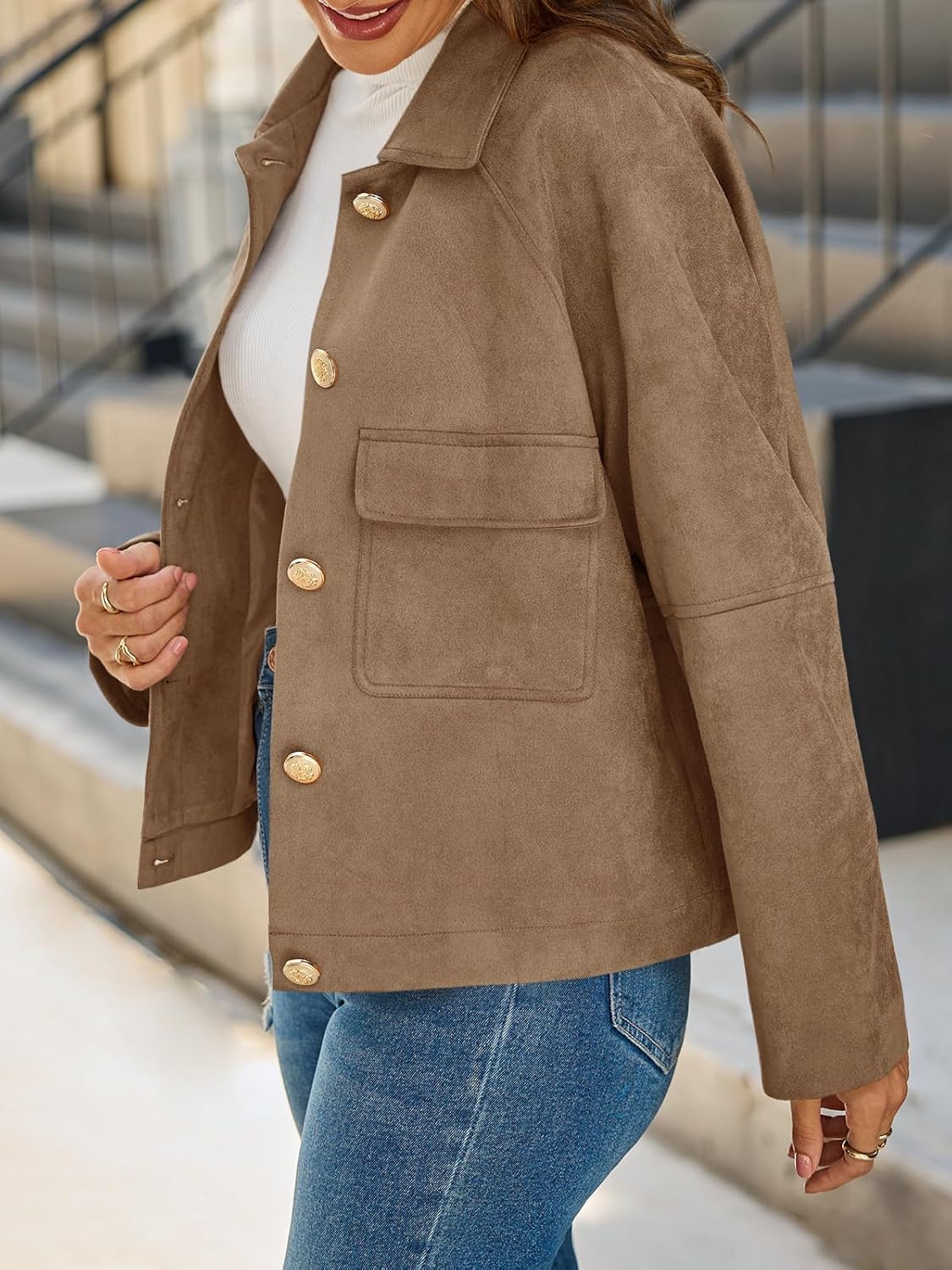 Cicy Bell Womens Faux Suede Leather Jackets Oversized Cropped Casual Lapel Collar Button Down Spring Vintage Shackets - Image 3