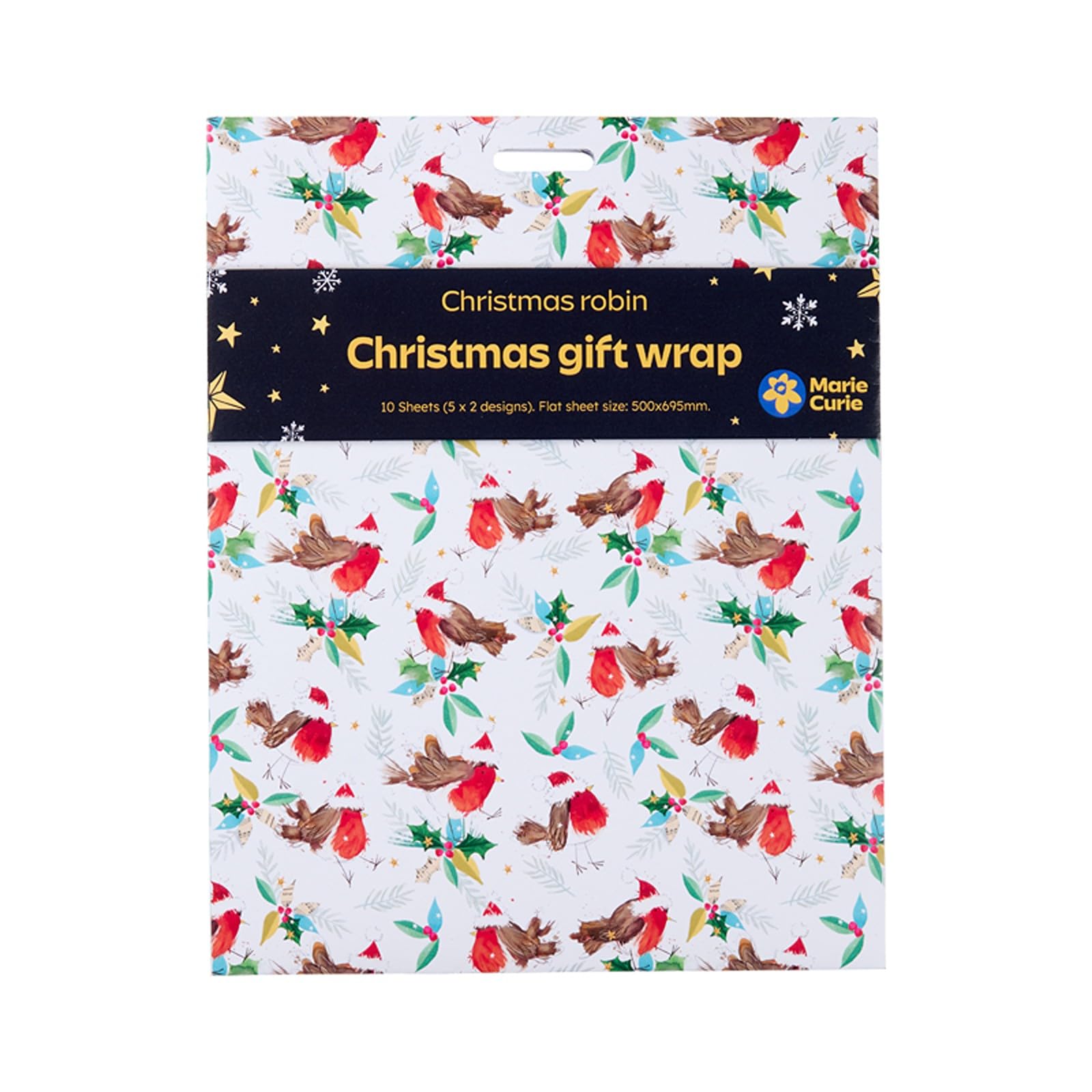 Marie Curie Charity Christmas Wrap, Gift Wrap, Christmas Robin Design, 10 Sheets, White and Blue, 70 x 50cm, FSC Paper