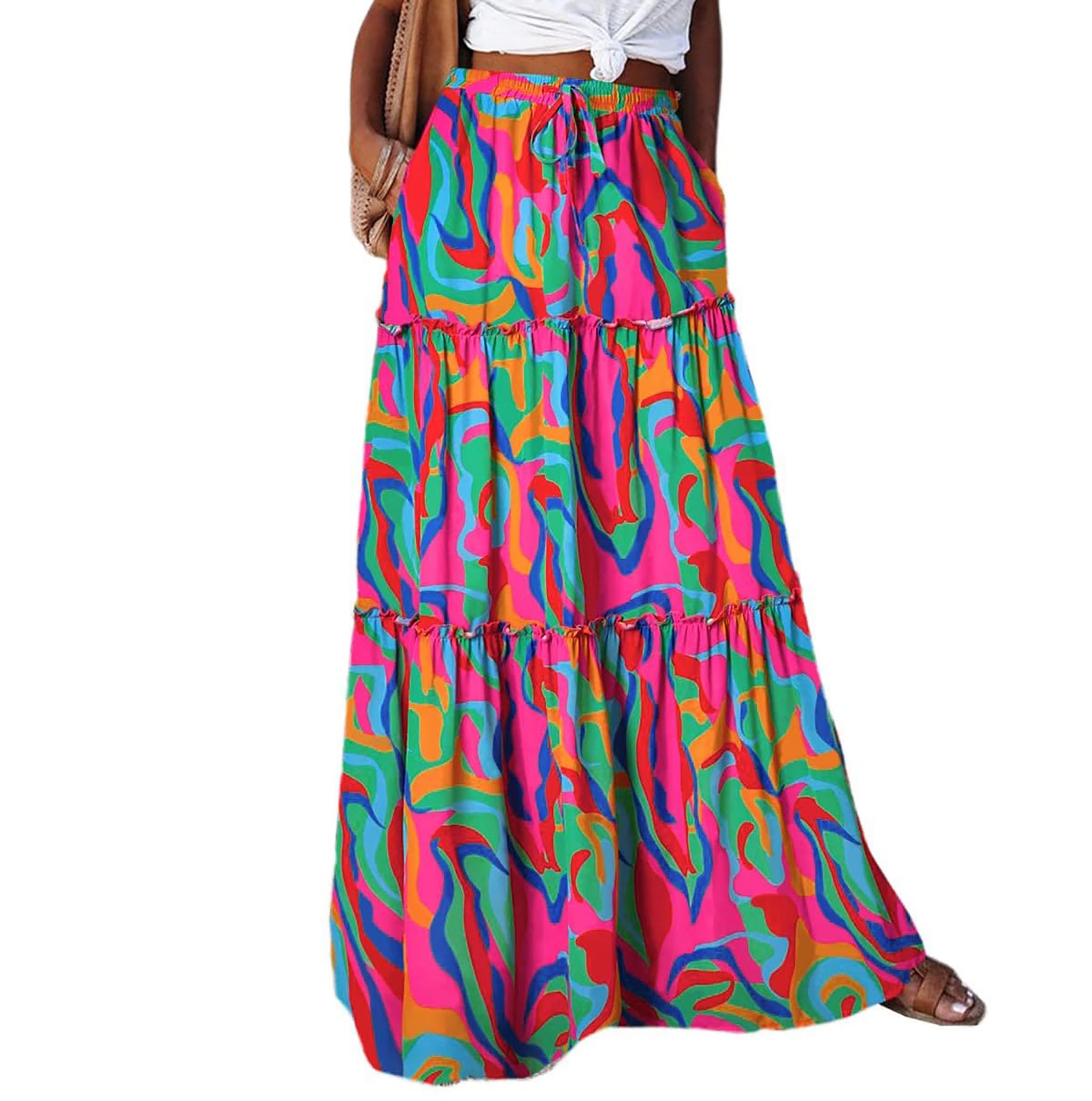 Timuspo Maxirock für Damen, Sommer, lang, fließend, A-Linie, Boho, hohe elastische Taille, Faltenrock mit 2 Taschen