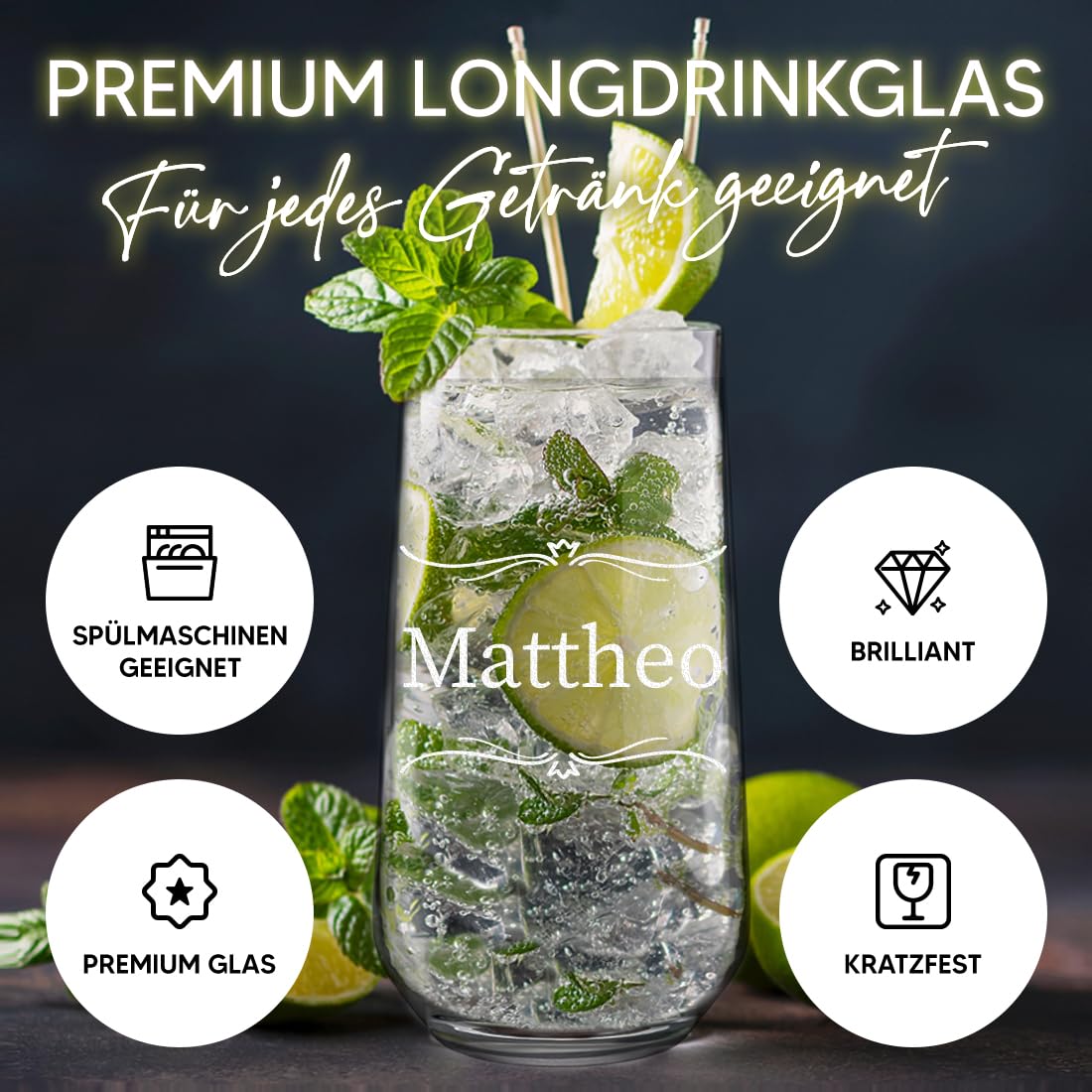 polar-effekt Longdrinkgläser 470 ml 6er-Set mit personalisierter Gravur - bleifreies Wasser-Trinkglas - Lasergravur mit Namen - für Cocktails, Drinks, Wasser und Saft