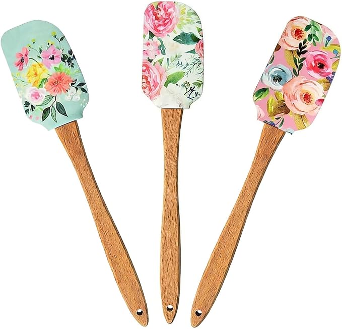 3PCS Floral Baking Spatula Set,Non-Stick Large Cake Scraper Cream Spatulas,Flower Pattern Patter Silicone Dough Scraper Heat Resistant Pastry Spatulas Baking Essentials for Cooking,Sauteing and Mixing