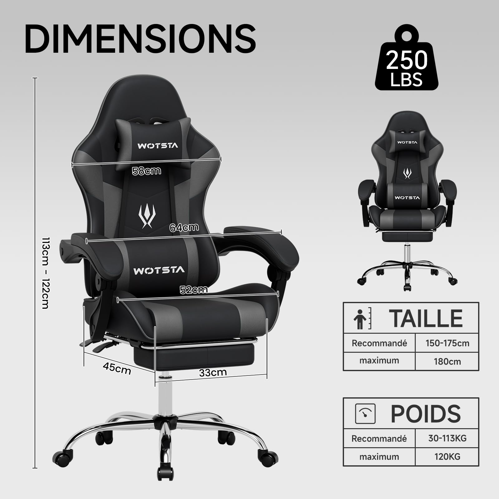 Chaise Gaming, Ergonomique Fauteil Bureau, Hauteur Réglable, Siege Gaming avec Repose-Pieds TÉlescopique, Chaise Bureau avec Support Lombaire, Dossier Inclinable à 135° Noir et Gris