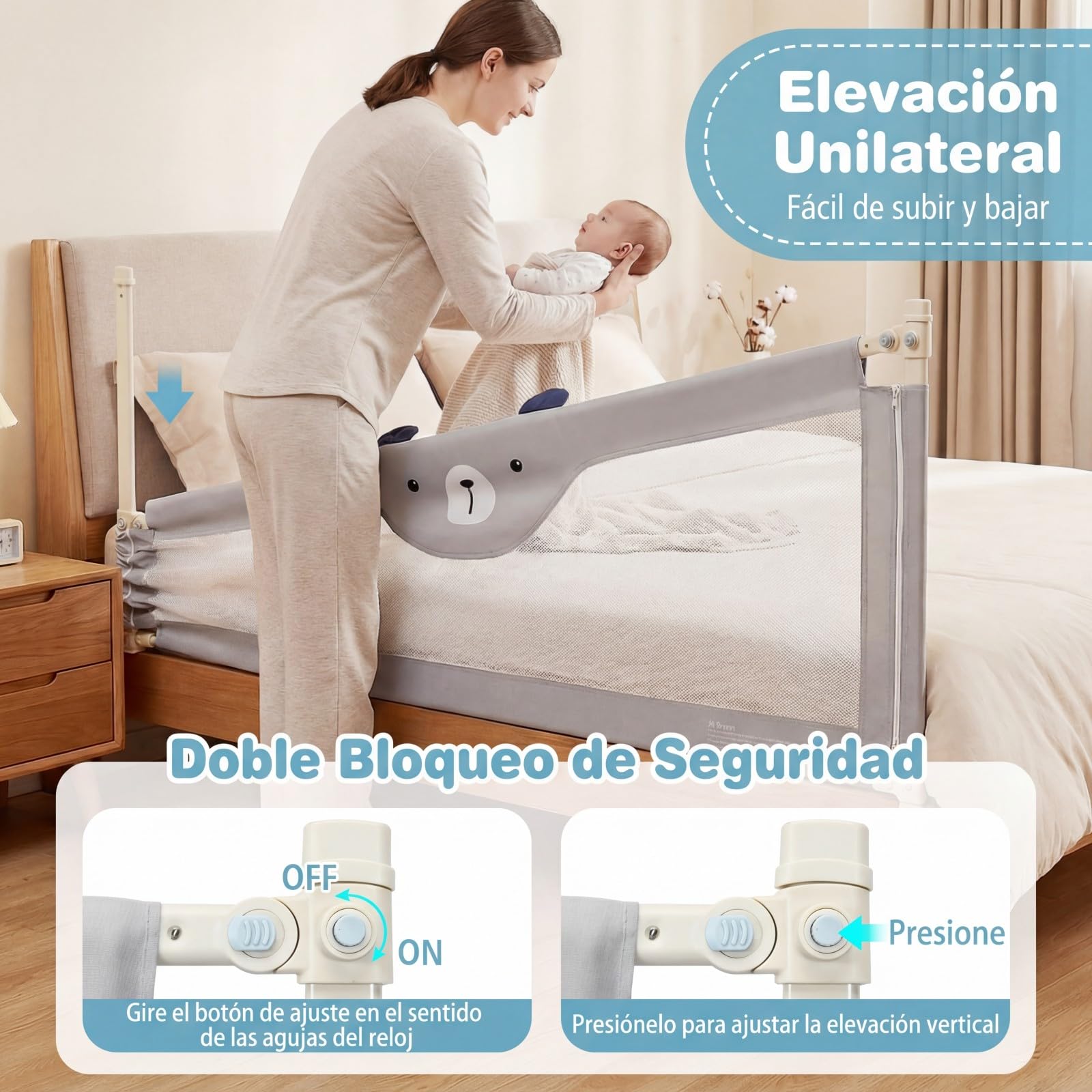 COSTWAY 180 cm Barrera Seguridad Niños, Barrera Cama para Bebé con Cremallera, Altura Regulable 72,5-101,5 cm, Protector de Cama para Niños, Barandilla de Seguridad con Diseño Animado (Estilo 2)
