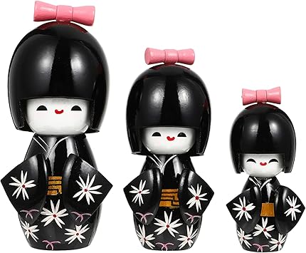 Amazon Jojofuny 3枚 こけし 人形 木製着物こけし 日本着物人形 かわいい 置き物 人形おもちゃ オリエンタルドール 装飾 日本のお土産 大中小 おみやげ 民芸品 料理店 客間 置物 黑 民芸品 おもちゃ