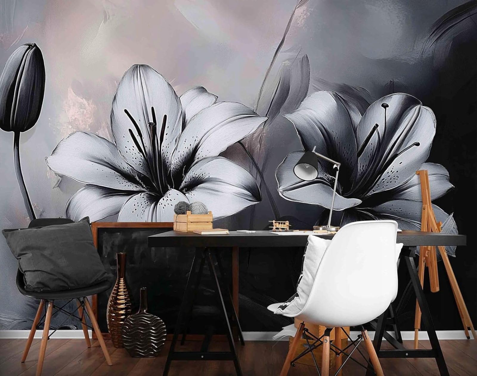 Kfjhgbdshhj 3D Mural Photo Mural-Wallpaper Lilies Flowers - For Living Room Bedroom 3D Effect - Natural Grey Botanical,350Cmx256cm Poster - Wall Sticker - Frameless Picture