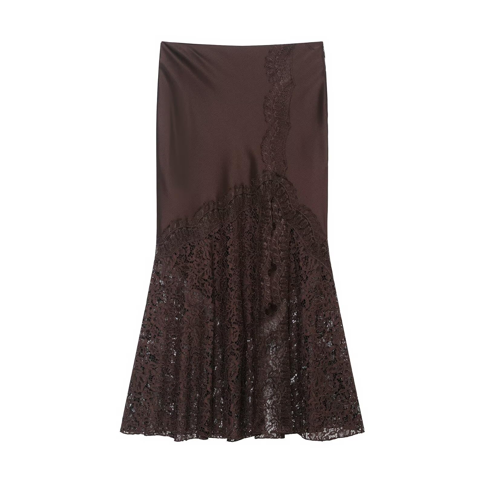 Womens Elegant High Waist Satin Midi Skirt with Lace and Slit Detail Hollow-Out Design Flare Ruffle Hem