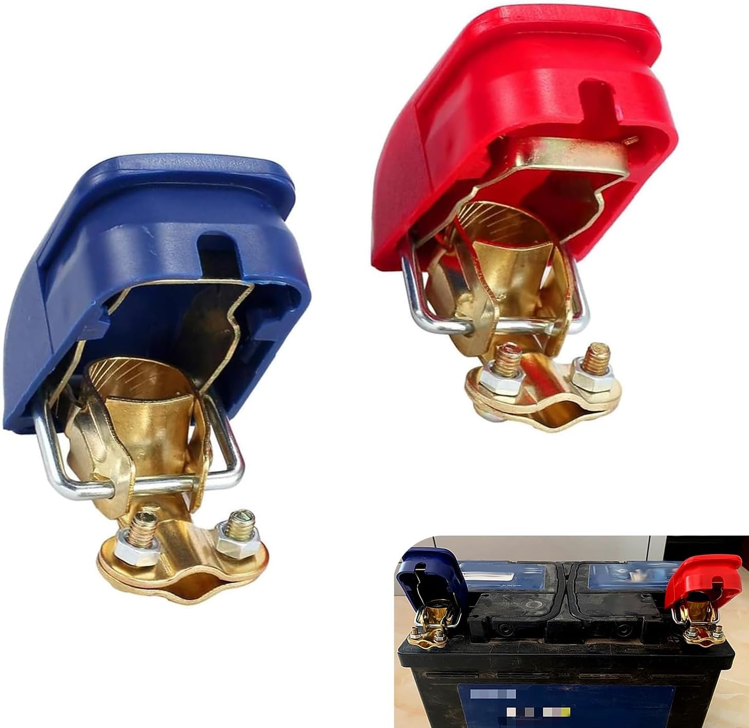 WZP 2PCS Quick Release Battery Terminal Connectors, Brass Quick Disconnect Battery Terminal, Secure Connection Battery Clamps, Negative and Positive, Universal for Most Cars Trucks Suvs (Blue & Red)