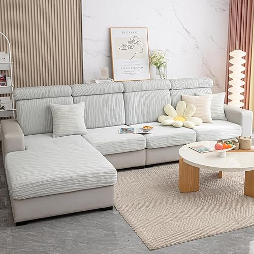 Miniatura 2 de vctops Funda de sofá elástica universal a rayas de color liso para tumbona en forma de L, súper suave, transpirable, antideslizante, protector de