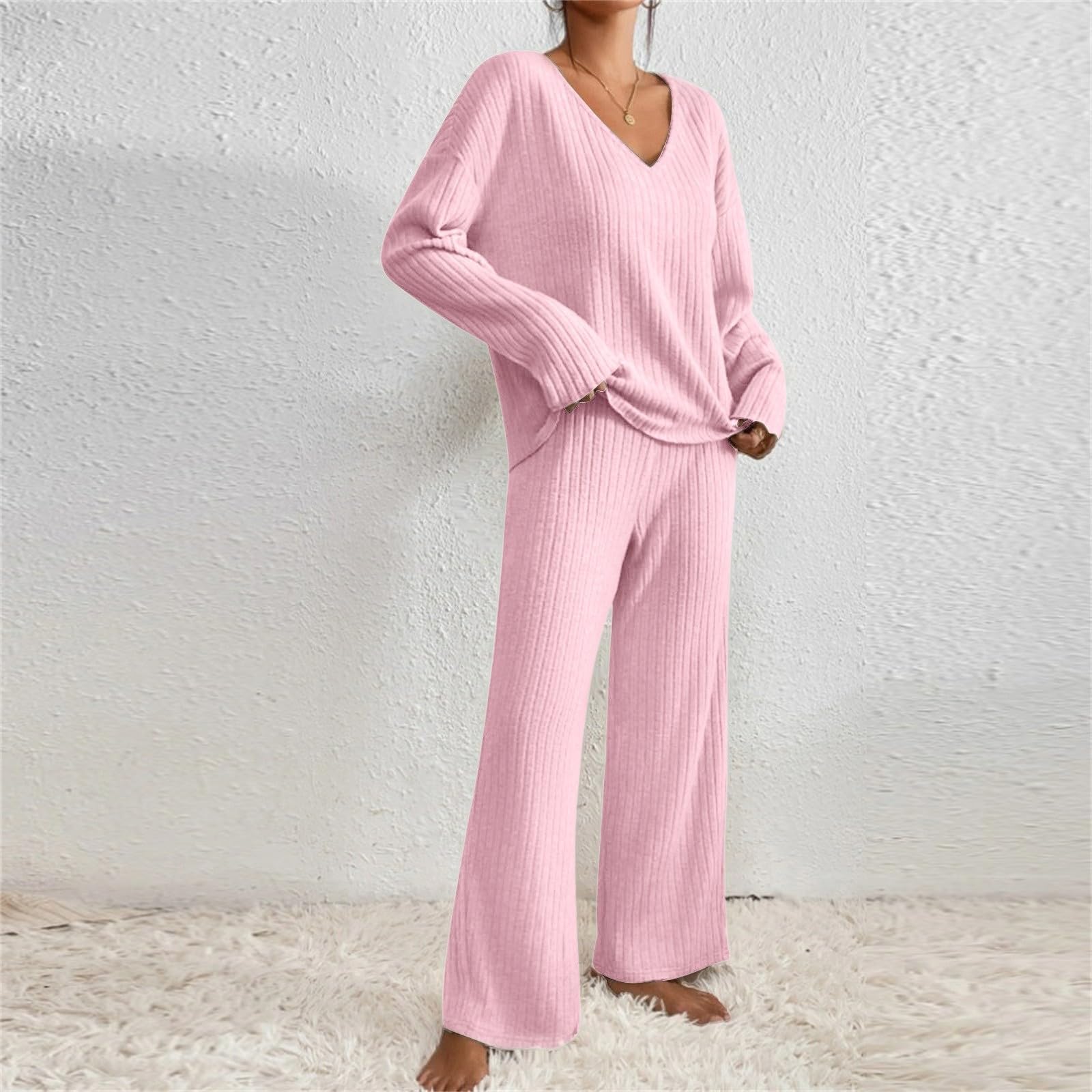 Loungewear - Conjunto de dos piezas para mujer, elegante pijama acanalado, ropa de casa, juego de pijama suelto, manga larga, cuello en V, parte superior de pierna ancha, pantalones, ropa de dormir