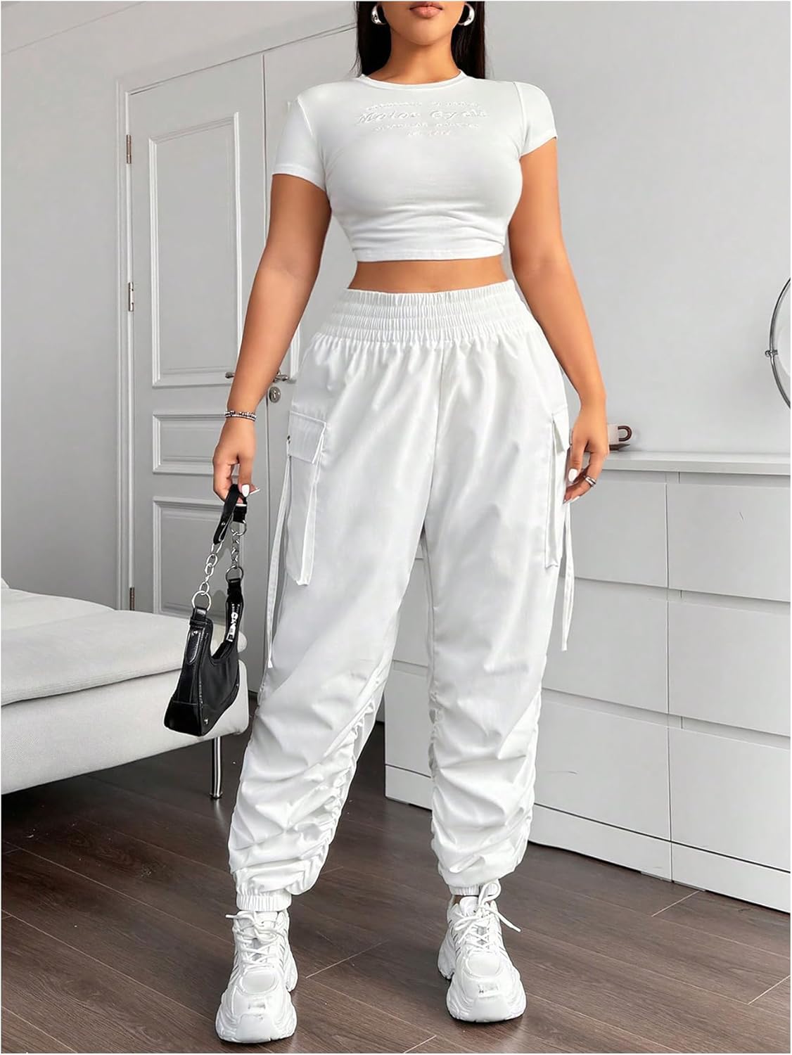 OYOANGLE Women's Plus Size Cargo Pants Elastic High Waisted Ruched Workout Joggers Pants Streetwear - Image 5