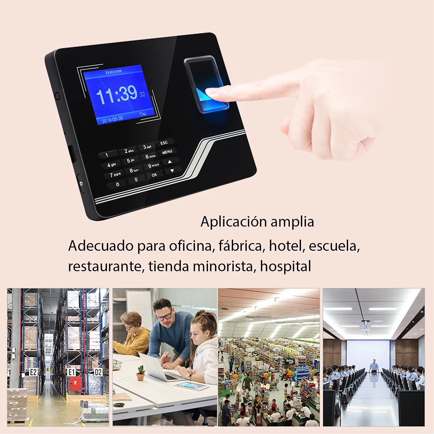 Aktivstar Maquina Asistencia Empleados de Fichar Máquina de Fichaje Biométrica para Empleados con Huella Dactilar, RFID y Pin, Sistema en Español para Control de Horario Sin Cuotas Mensuales